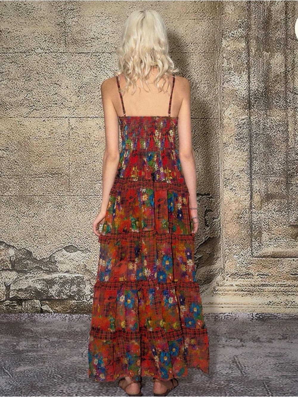 Floral Plaid Red Boho Maxi Dress with Spaghetti Straps nwt - Picture 8 of 10